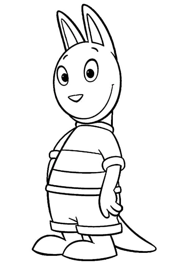 Desenho de contorno em preto e branco do personagem Austin, um canguru da série Backyardigans, em pé e de perfil, usando uma camisa de mangas curtas com listras horizontais e shorts.
