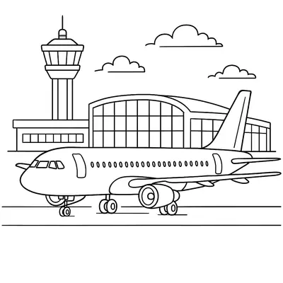 Desenho de um avião a jato bimotor na pista do aeroporto. O fundo apresenta uma torre de controle alta e o edifício do terminal de passageiros com grandes janelas.