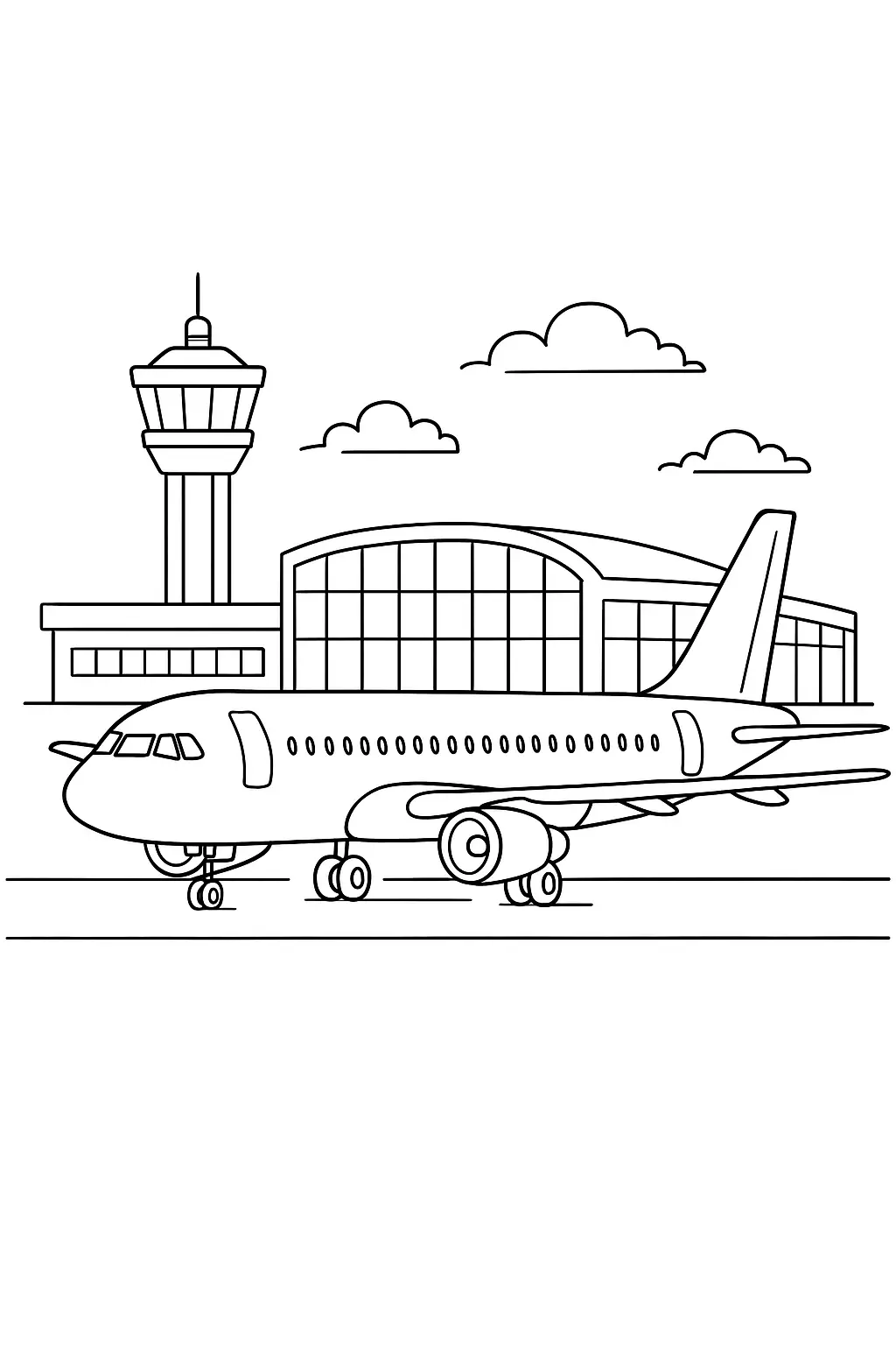 Desenho de um avião a jato bimotor na pista do aeroporto. O fundo apresenta uma torre de controle alta e o edifício do terminal de passageiros com grandes janelas.