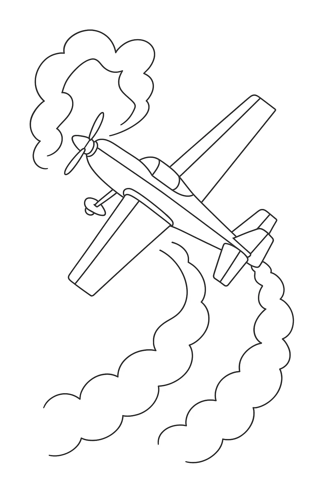 Desenho de um avião monomotor a hélice de corridaacrobático, visto de cima em manobra, deixando um rastro de fumaça que circunda a aeronave.