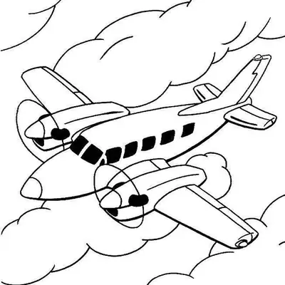Desenho de Avião Bimotor a Hélice (Executivo) com 5 Janelas Laterais Voando em Nuvens