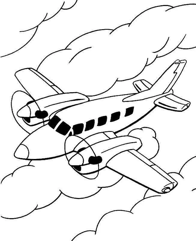 Desenho de um avião bimotor a hélice, com fuselagem aerodinâmica e nariz bicudo. A aeronave possui 5 janelas laterais de passageiros e está em pleno voo entre nuvens.