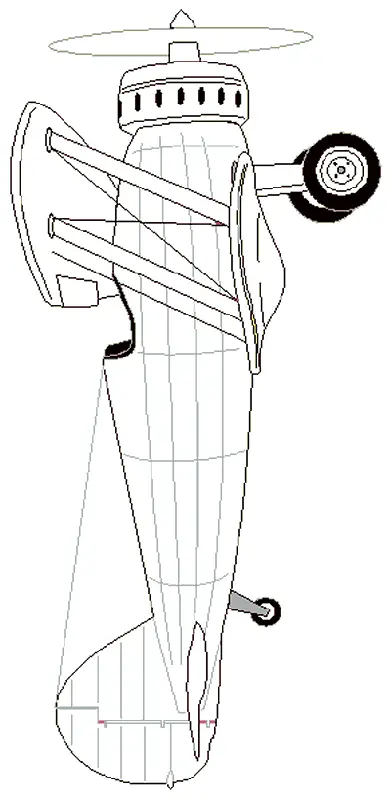 Desenho técnico de um avião biplano clássico (duas asas principais) com uma única hélice. A aeronave é vista por cima, mostrando o motor, a cabine do piloto e os cabos de suporte entre as asas.