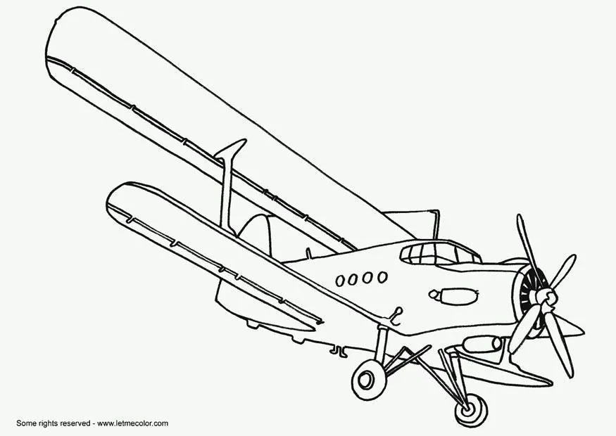 Desenho de um avião monomotor clássico (semelhante a um monoplano de asa altabiplano), com uma hélice frontal, trem de pouso fixo e cabine de pilotagem com janelas visíveis.