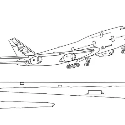 Desenho Detalhado de Avião Boeing 747 (Jumbo) Levantando Voo na Pista