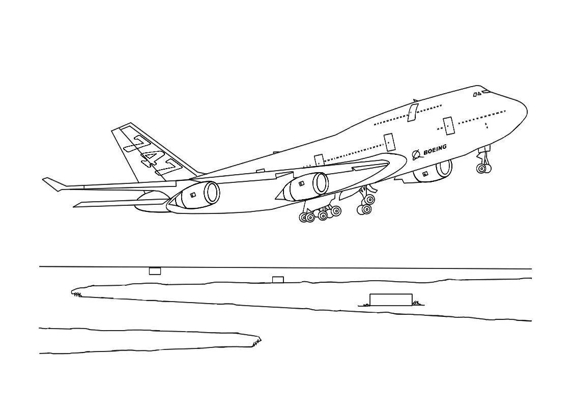 Desenho detalhado do avião Boeing 747 (jumbo) em ângulo de subida na pista. O avião possui quatro turbinas, trem de pouso complexo visível e o número 747 marcado na cauda.