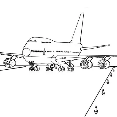 Desenho de Avião Boeing Jumbo na Pista do Aeroporto com Sinalizadores e Trem de Pouso