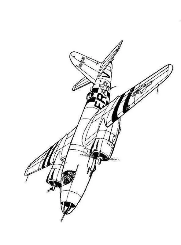 Desenho estilizado de um avião bombardeiro ou de ataque militar com duas turbinas e asas retas. A aeronave está em voo, com marcas gráficas proeminentes na fuselagem ("FR" ou similar) e o símbolo de estrela militar nas asas.