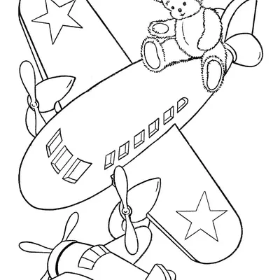 Desenho de Aviões de Brinquedo com Estrelas, Hélices e Urso de Pelúcia no Céu
