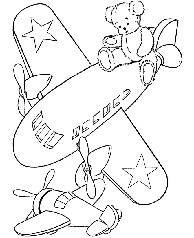 Desenho de dois aviões de brinquedo com hélices: um grande com estrelas nas asas e um urso de pelúcia sentado na cauda, e um pequeno avião ao fundo.