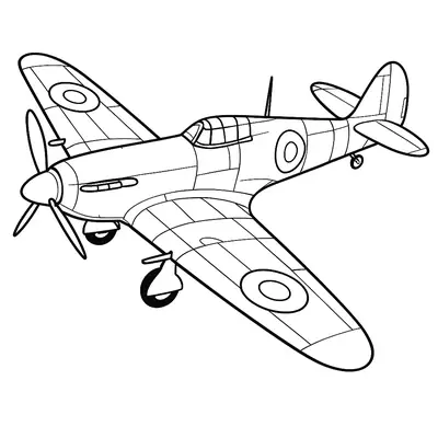 Desenho detalhado de um avião caça monomotor a hélice (provavelmente um Hawker Hurricane). A aeronave possui uma fileira de canhõesmetralhadoras nas asas, linhas de painel na fuselagem, trem de pouso fixo e emblemas circulares de identificação (redondéis).