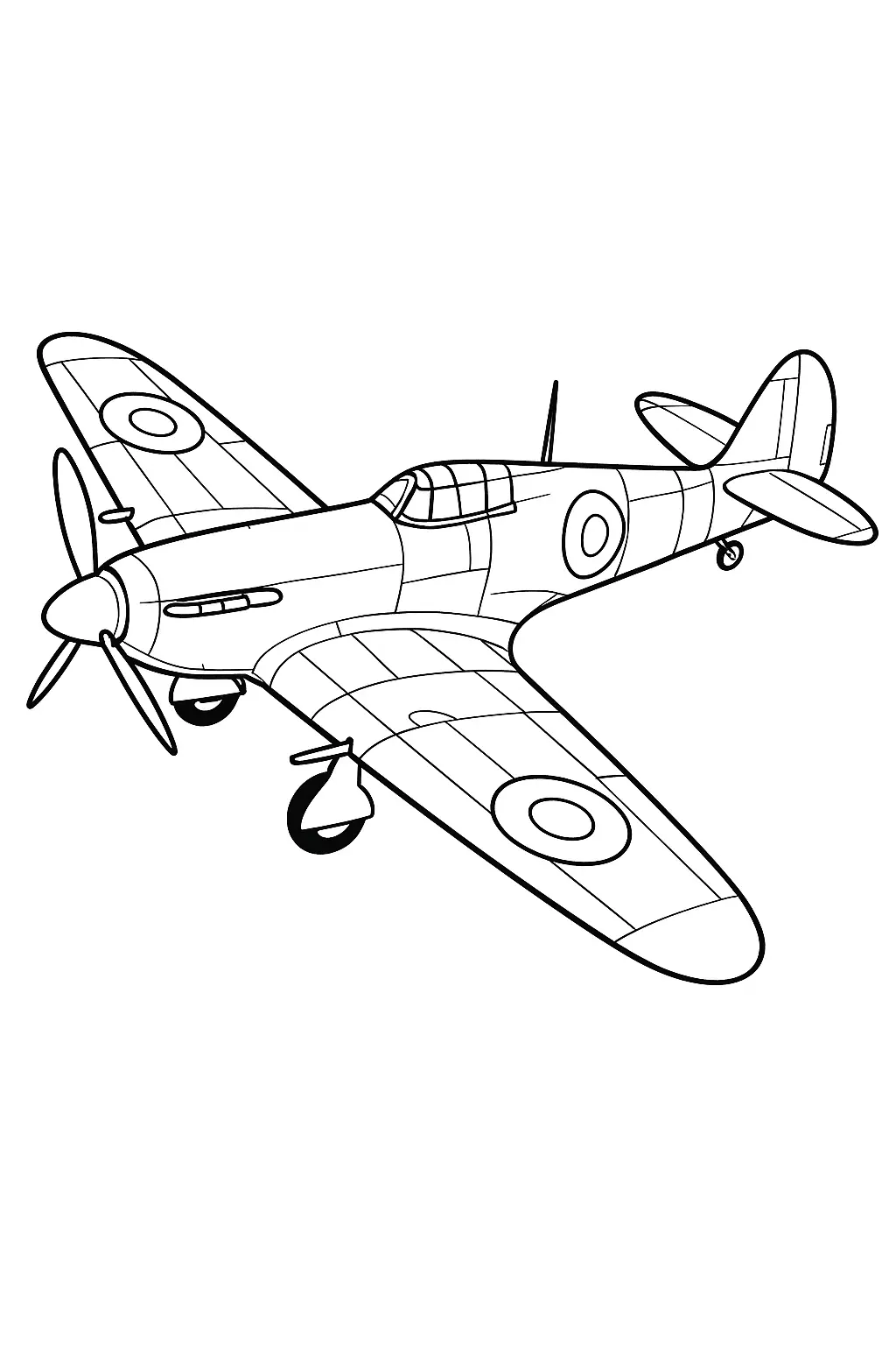 Desenho detalhado de um avião caça monomotor a hélice (provavelmente um Hawker Hurricane). A aeronave possui uma fileira de canhõesmetralhadoras nas asas, linhas de painel na fuselagem, trem de pouso fixo e emblemas circulares de identificação (redondéis).