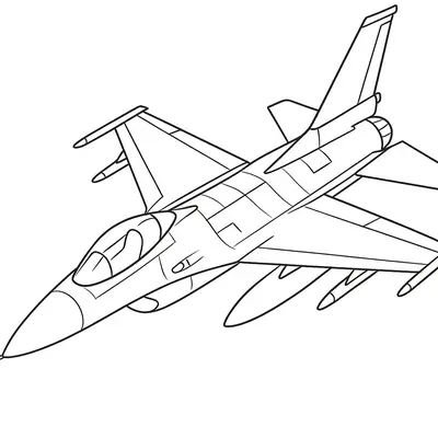 Desenho detalhado de um avião caça a jato monomotor. A aeronave tem asas em deltaflecha, cabine em bolha e múltiplos mísseisfoguetes pendurados sob as asas.