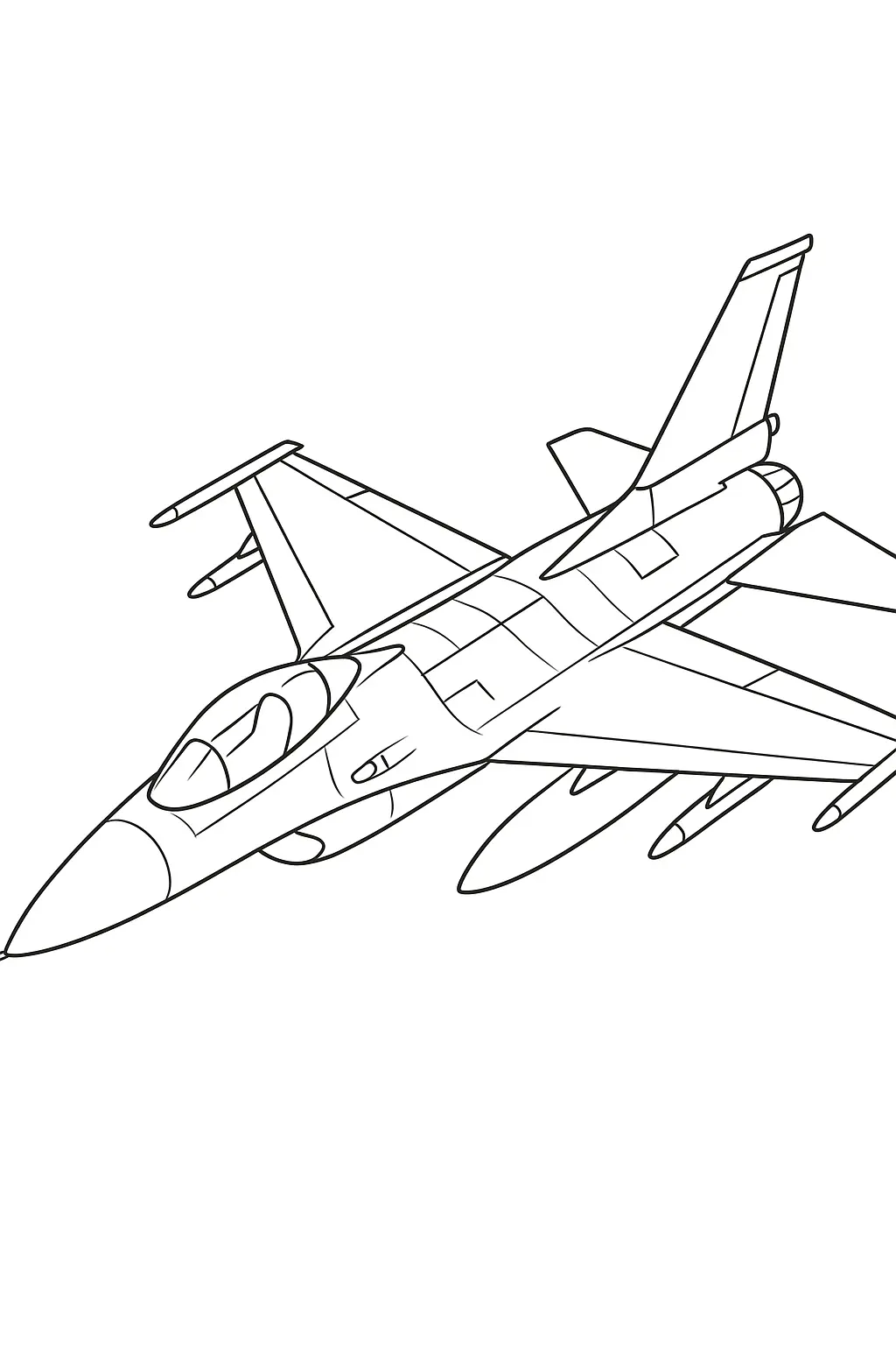 Desenho detalhado de um avião caça a jato monomotor. A aeronave tem asas em deltaflecha, cabine em bolha e múltiplos mísseisfoguetes pendurados sob as asas.