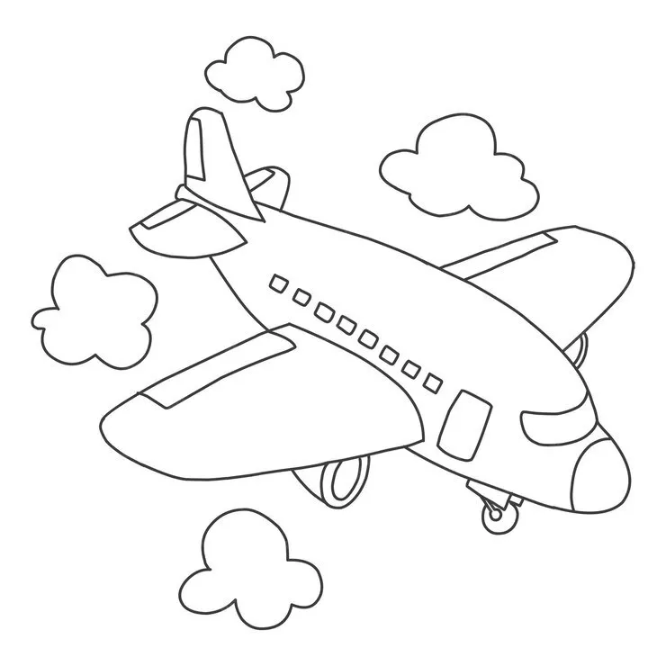Desenho muito simples e arredondado (estilo cartoon) de um avião de passageiros, com trem de pouso visível e seis janelas quadradas. A aeronave está em voo cercada por nuvens fofas.