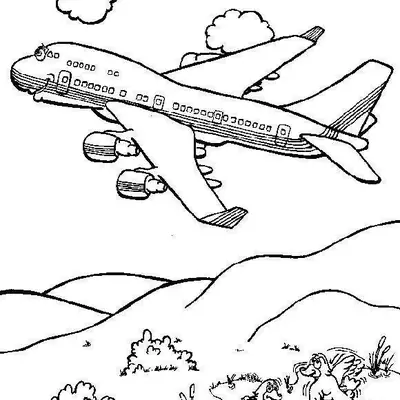 Desenho de Avião Cartoon Sorrindo sobrevoando Pasto com Patos em um Lago