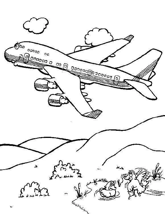 Desenho de um avião a jato em estilo cartoon, com rosto sorrindo, olhos e sobrancelhas, voando sobre colinas e pasto. Na parte inferior, dois patos estão em um pequeno lago.
