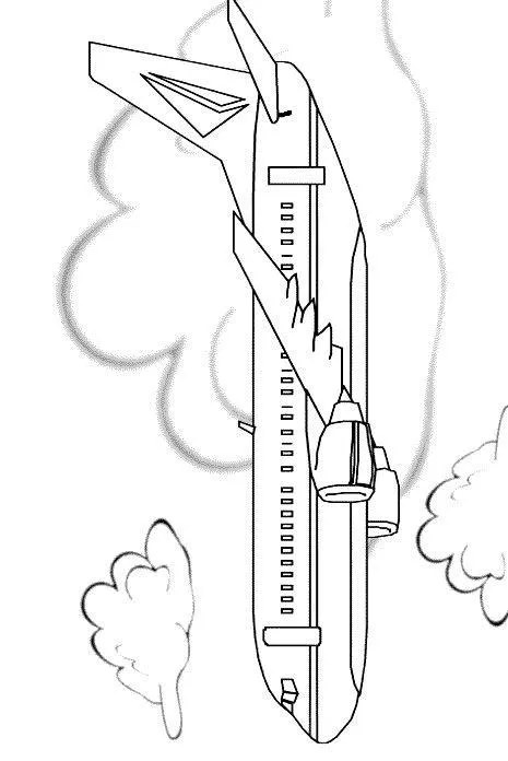 Desenho simples de um avião a jato bimotor (sem hélice) de passageiros, visto de lado em voo. O avião tem uma longa fileira de janelas e está cercado por três nuvens arredondadas.