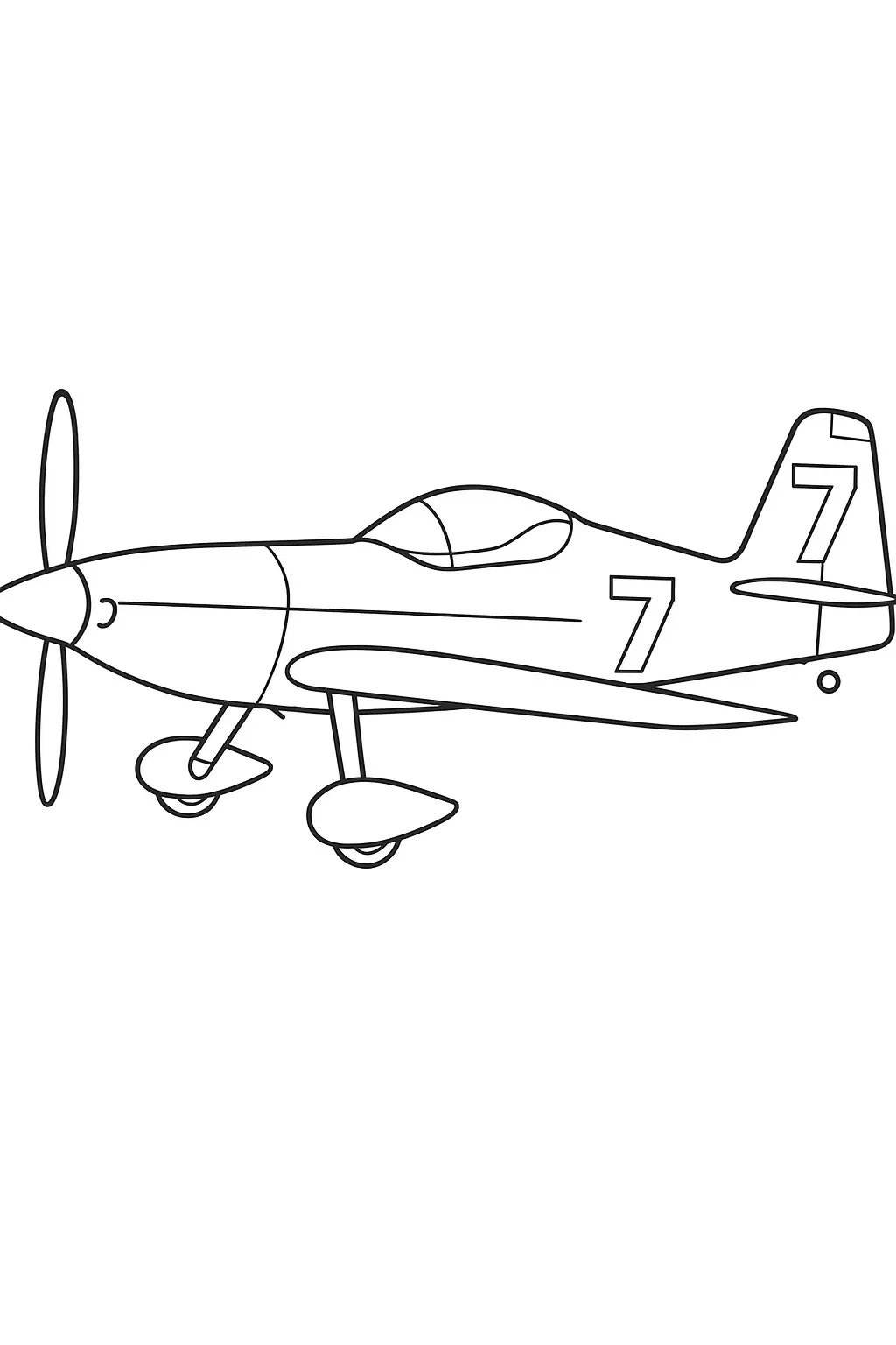 Desenho de um avião monomotor a hélice de corridaacrobático, com cockpit tipo bolha, trem de pouso carenado (rodas protegidas) e grandes números '7' pintados na fuselagem e na cauda.
