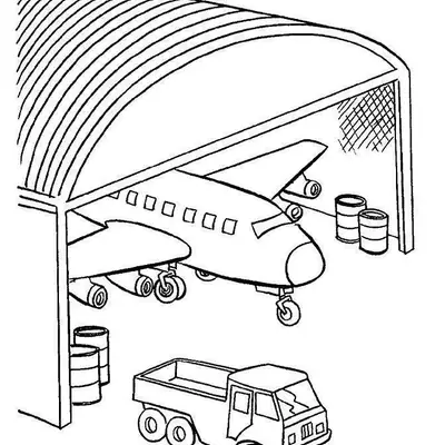 Desenho de Avião no Hangar (Manutenção) com Caminhão e Tambores de Óleo