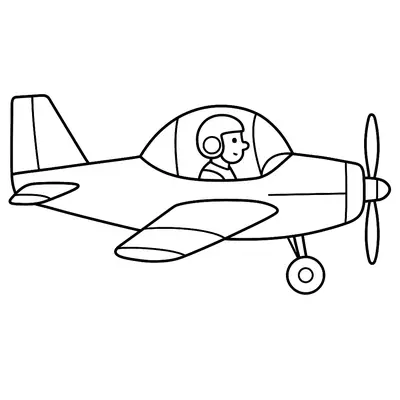 Desenho de um avião monomotor a hélice em estilo cartoon. Um piloto sorridente com capacete é visto dentro da cabine (bolha). A aeronave tem trem de pouso fixo e uma hélice de duas pás.