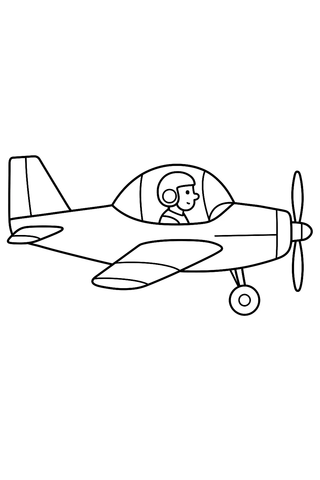 Desenho de um avião monomotor a hélice em estilo cartoon. Um piloto sorridente com capacete é visto dentro da cabine (bolha). A aeronave tem trem de pouso fixo e uma hélice de duas pás.