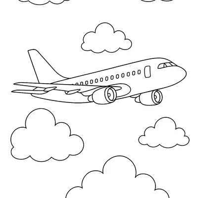 Desenho de um avião a jato bimotor (duas turbinas grandes sob as asas) em pleno voo. A aeronave possui uma longa fileira de janelas redondas e está cercada por seis nuvens arredondadas (estilo cartoon).