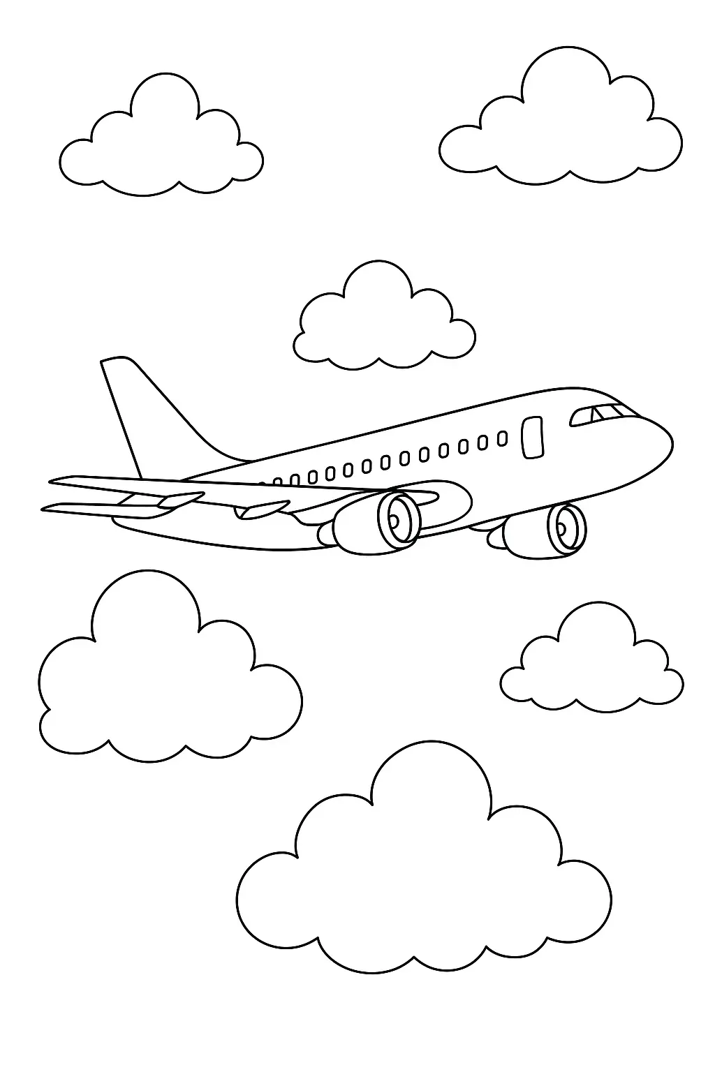 Desenho de um avião a jato bimotor (duas turbinas grandes sob as asas) em pleno voo. A aeronave possui uma longa fileira de janelas redondas e está cercada por seis nuvens arredondadas (estilo cartoon).