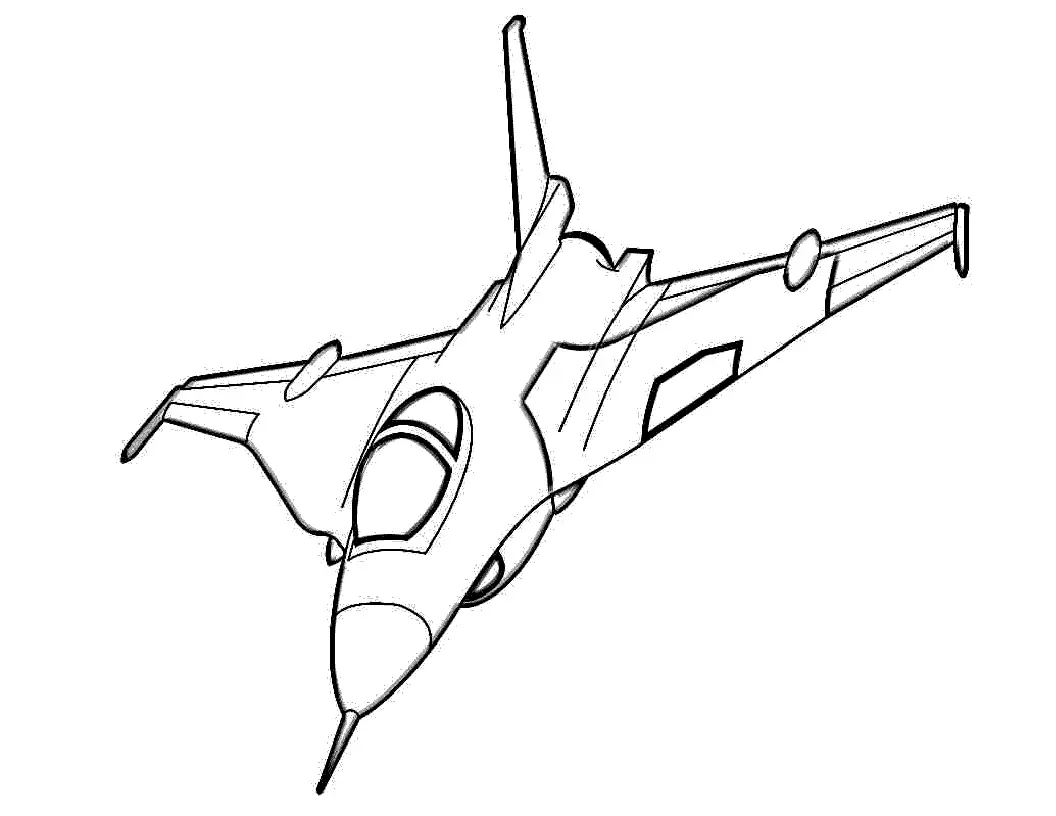 Desenho de um avião de caça moderno (jato supersônico) em voo, visto de frente e de baixo. O avião possui um bico fino, canopi (cabine) grande e asas em formato delta.