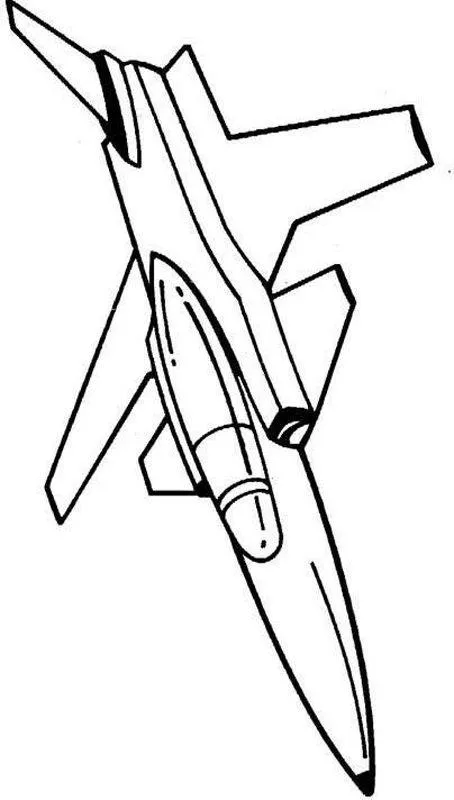 Desenho de um avião de caça a jato moderno com bico fino e cabine do piloto em formato de bolha (canopi), visto por cima em voo. O avião possui asas em formato delta e estabilizadores duplos.