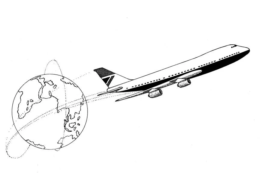 Desenho de um grande avião a jato comercial (jumbo), visto de baixo, em ângulo de subida acentuada, com o planeta Terra (globo) no primeiro plano, simbolizando um voo intercontinental.