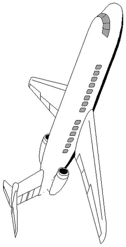 Desenho de um avião grande a jato comercial (aeronave de passageiros), visto por cima em ângulo de voo. O avião tem várias janelas em fila e as turbinas montadas na cauda.