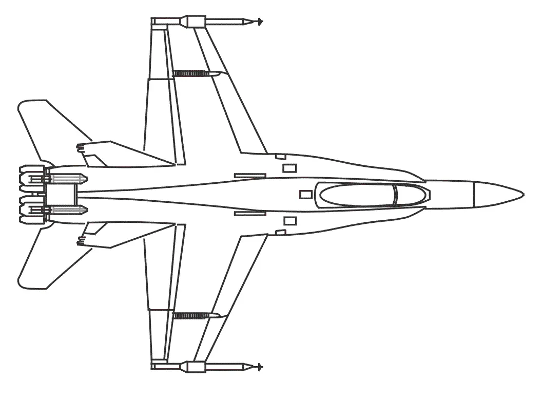 Desenho técnico de um avião de guerra (jato de caça supersônico) em vista superior. A aeronave possui asas em delta, dois estabilizadores verticais na cauda e mísseis acoplados nas pontas das asas e próximos ao motor.