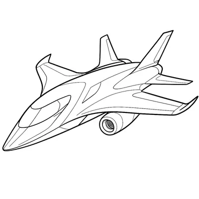 Desenho de um avião a jato futurístico, com linhas fluidas, bico pontudo, asas e caudas angulares. A aeronave apresenta dois motorespropulsores nas asas e propulsores adicionais na fuselagem traseira, sugerindo um design multi-turbina.