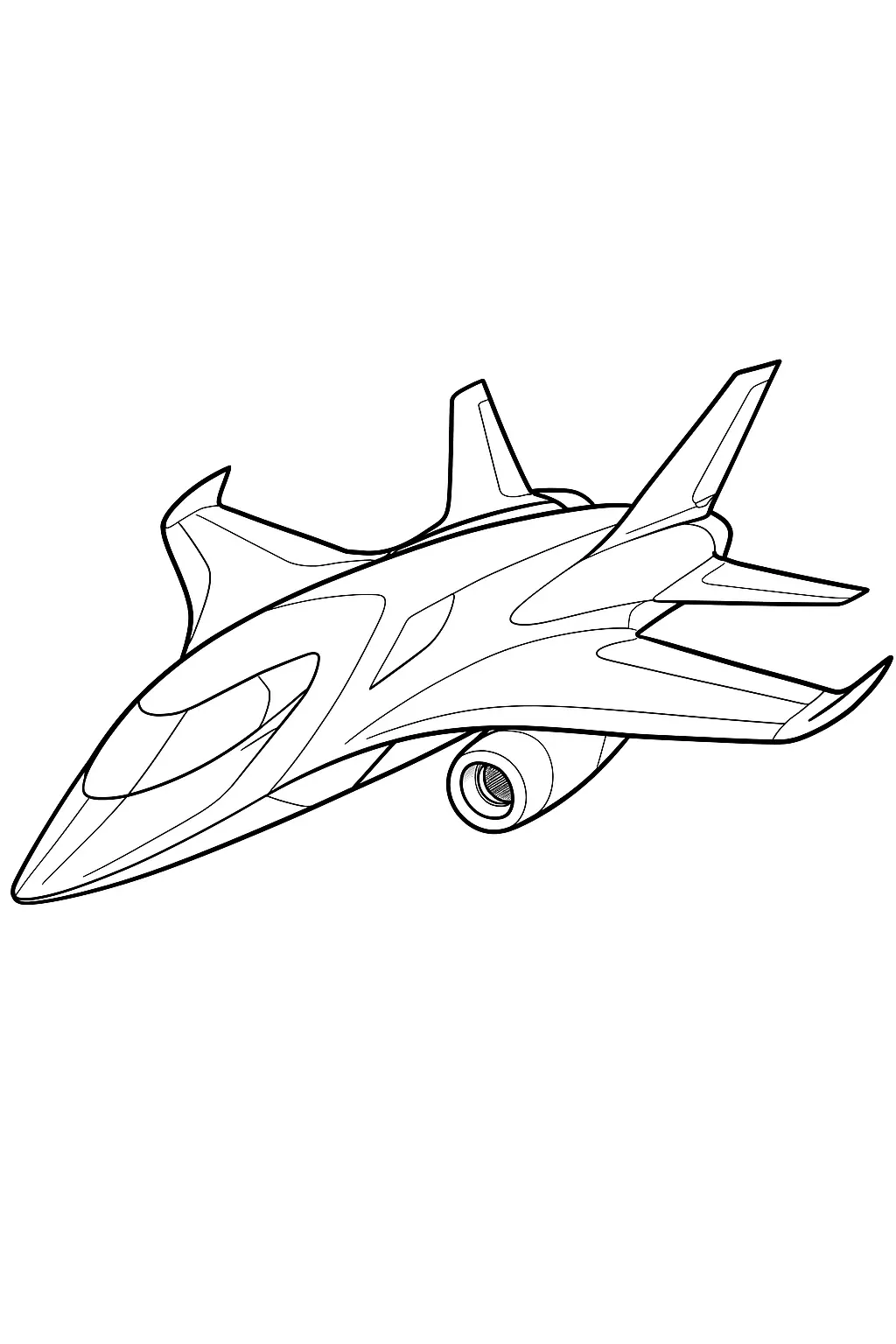 Desenho de um avião a jato futurístico, com linhas fluidas, bico pontudo, asas e caudas angulares. A aeronave apresenta dois motorespropulsores nas asas e propulsores adicionais na fuselagem traseira, sugerindo um design multi-turbina.