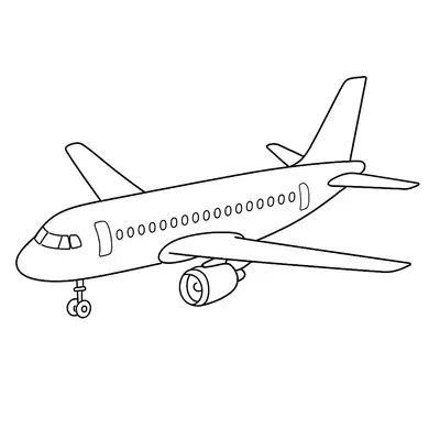 Desenho de Avião a Jato de Passageiros com Trem de Pouso Abaixado e Janelas Redondas