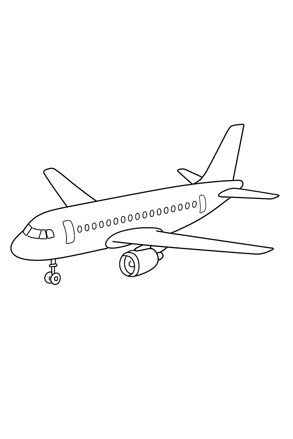 Desenho de um avião a jato bimotor, com uma fuselagem longa, múltiplas janelas redondas e portas visíveis. O avião está em terra com o trem de pouso do nariz e da asa totalmente estendido.