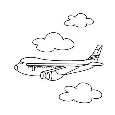 Desenho de Avião a Jato Simples em Voo entre Nuvens, Ideal para Crianças