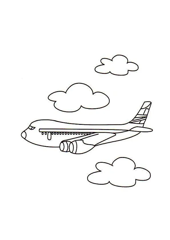 Desenho de um avião a jato comercial com traços simples e arredondados, ideal para crianças. A aeronave está em voo, ladeada por três nuvens no céu.