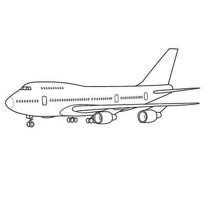 Desenho de perfil lateral de um avião a jato quadrimotor, o Jumbo Jet (Boeing 747). A aeronave tem duas fileiras de janelas e quatro grandes turbinas, com o trem de pouso estendido.