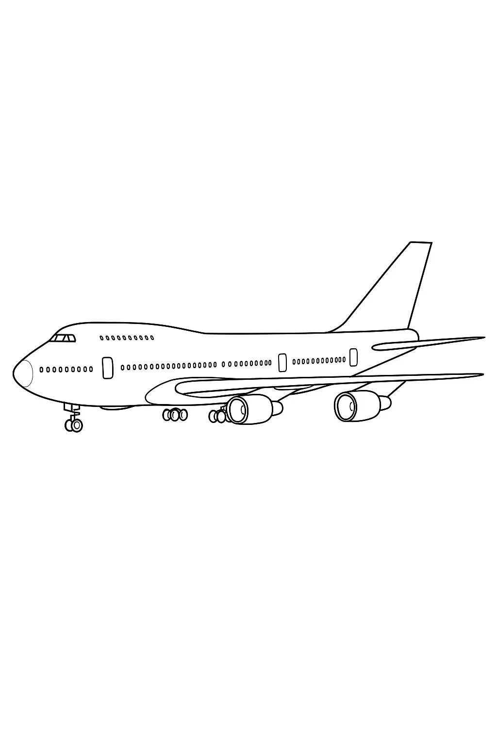 Desenho de perfil lateral de um avião a jato quadrimotor, o Jumbo Jet (Boeing 747). A aeronave tem duas fileiras de janelas e quatro grandes turbinas, com o trem de pouso estendido.