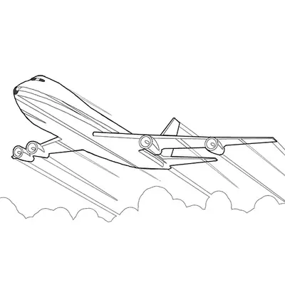 Desenho de Avião Quadrimotor (Jumbo) em Alta Velocidade Cortando Nuvens