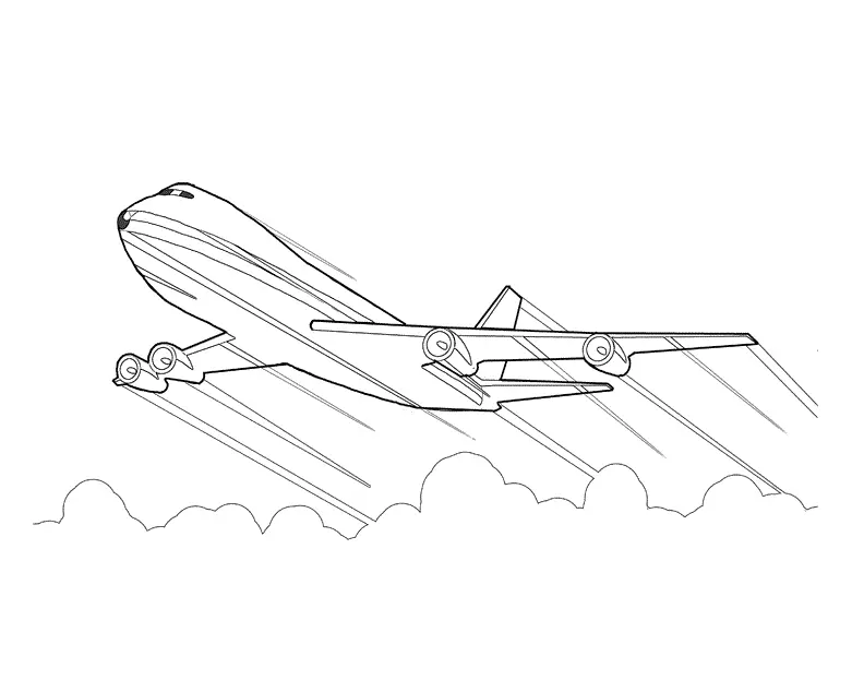 Desenho de um avião a jato quadrimotor de passageiros, visto de lado e inclinado em ângulo de subida. Linhas de traçado indicam alta velocidade e o avião está sobre nuvens.