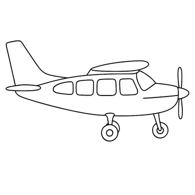 Desenho de um avião monomotor de aviação geral. A aeronave possui asa montada no topo da fuselagem (asa alta), hélice frontal de duas pás, quatro janelas e trem de pouso de três rodas (triciclo).