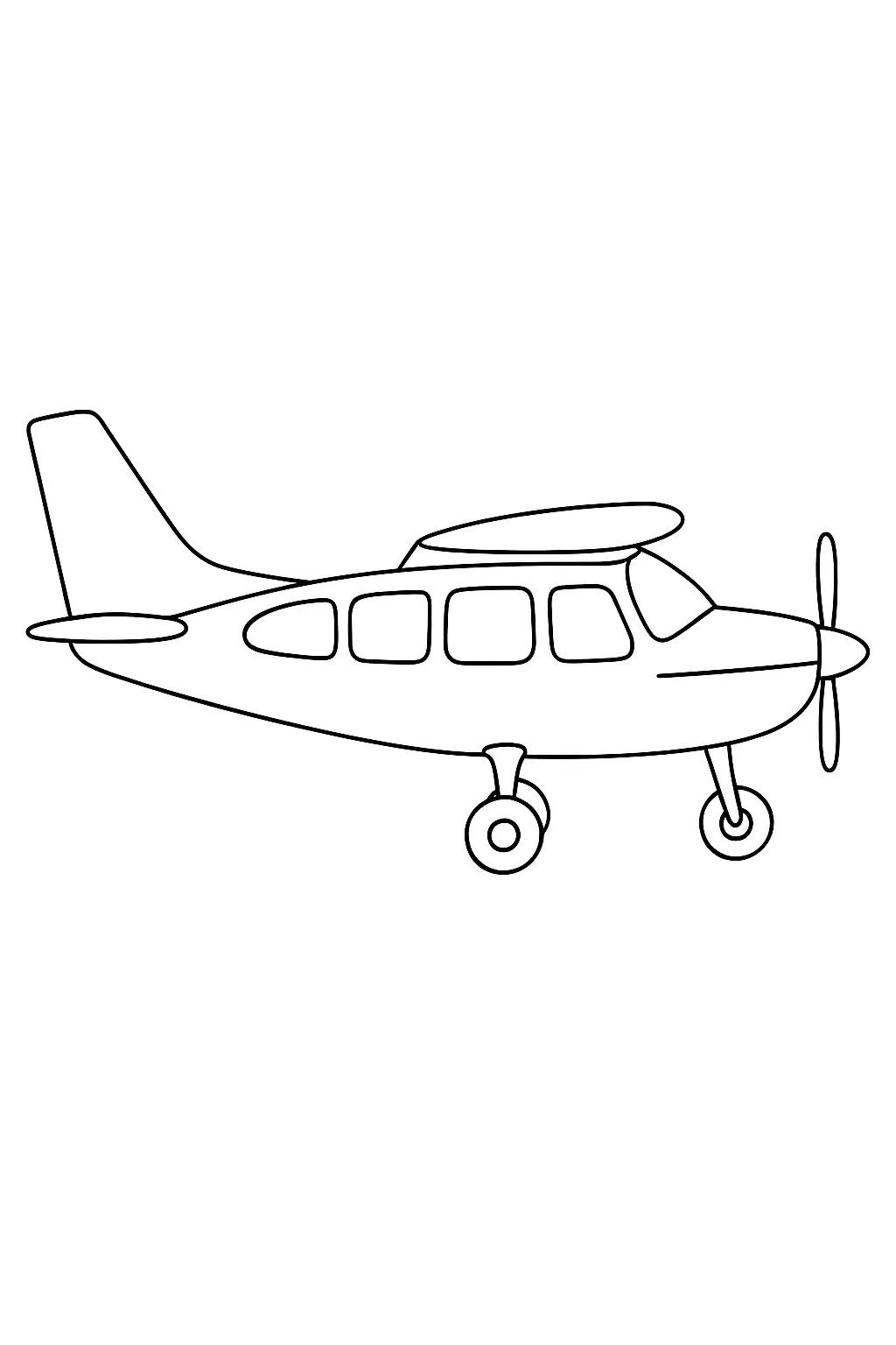 Desenho de um avião monomotor de aviação geral. A aeronave possui asa montada no topo da fuselagem (asa alta), hélice frontal de duas pás, quatro janelas e trem de pouso de três rodas (triciclo).