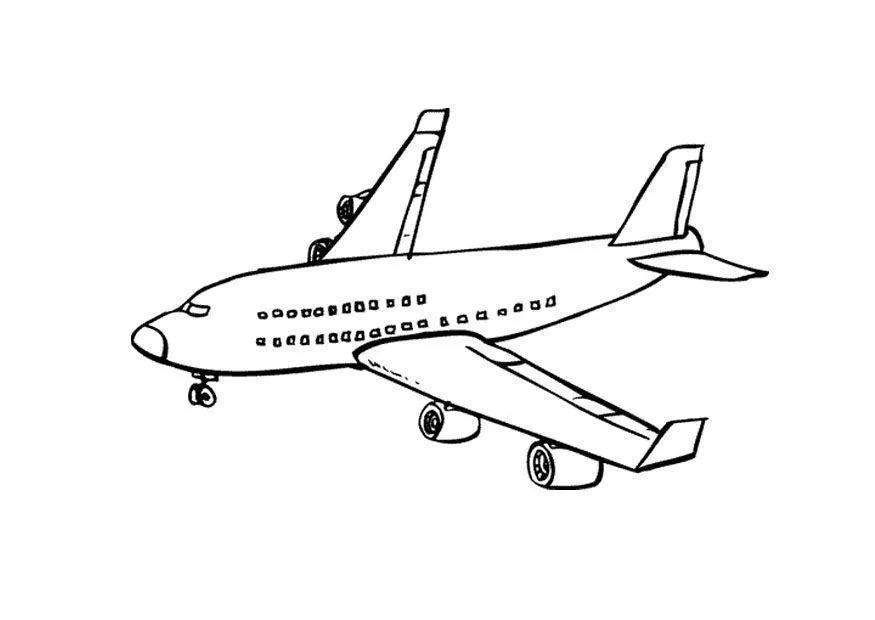 Desenho de um grande avião a jato comercial (jumbo) com fuselagem larga, duas fileiras de janelas e quatro turbinas sob as asas. O trem de pouso está estendido, sugerindo pouso ou decolagem.