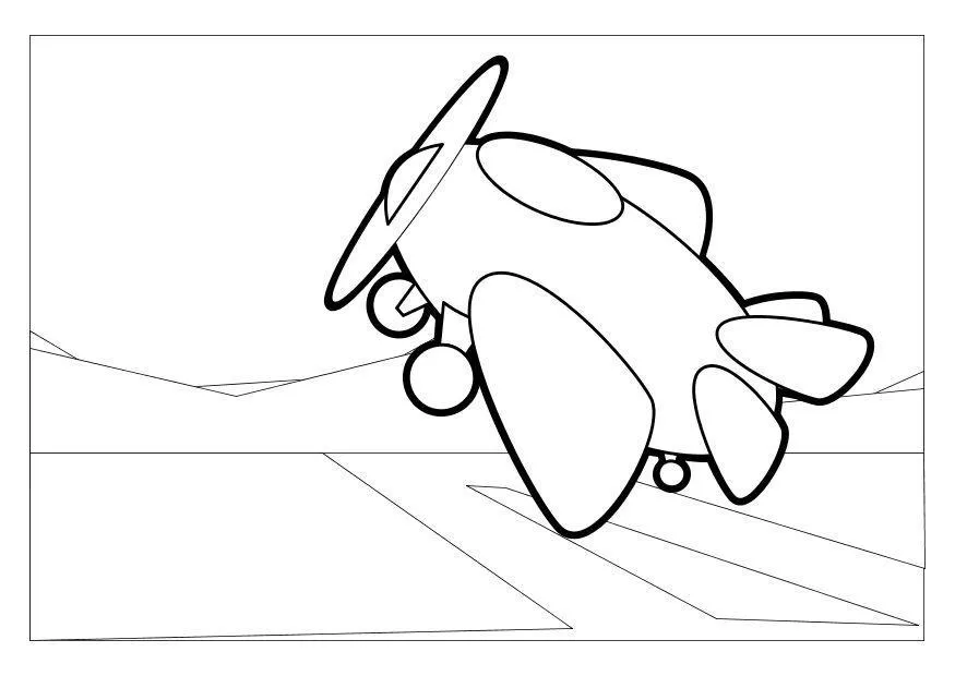 Desenho de um pequeno avião de hélice, com design simples e arredondado, no momento da decolagem em uma pista. As rodas do trem de pouso estão visíveis e há montanhas no horizonte ao fundo.