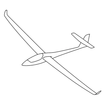 Desenho de um avião planador (glider). A aeronave é caracterizada pela fuselagem fina, cockpit tipo bolha e asas extremamente longas e estreitas.
