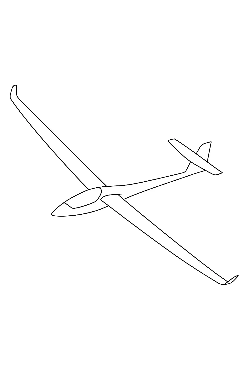 Desenho de um avião planador (glider). A aeronave é caracterizada pela fuselagem fina, cockpit tipo bolha e asas extremamente longas e estreitas.