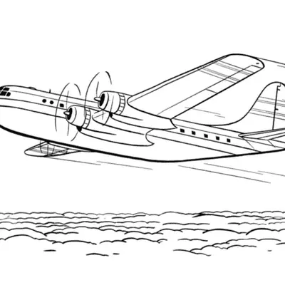 Desenho de Avião Clássico de Transporte com 4 Hélices em Voo Rápido Acima das Nuvens